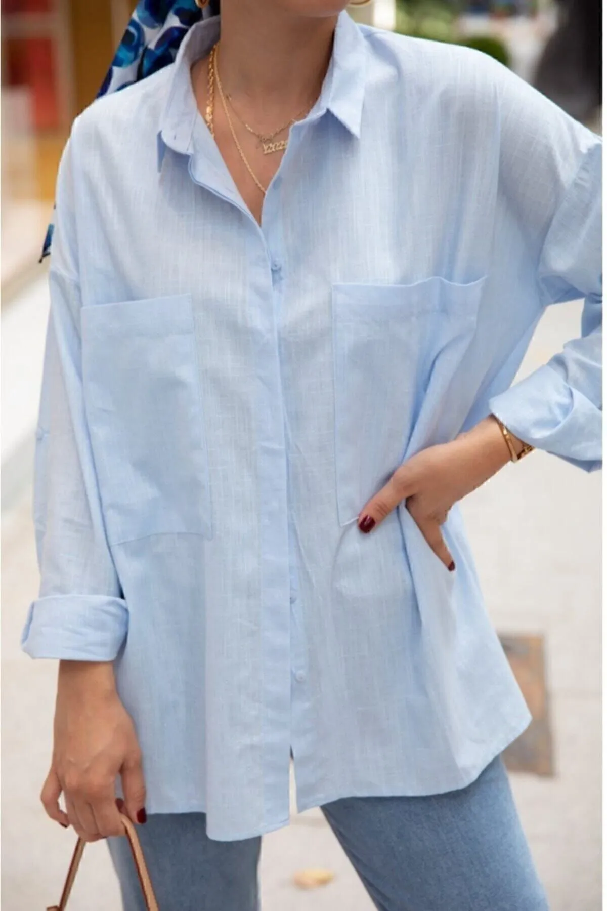 Mavi Büyük Cepli Oversize Kalıp Trend Keten Gömlek