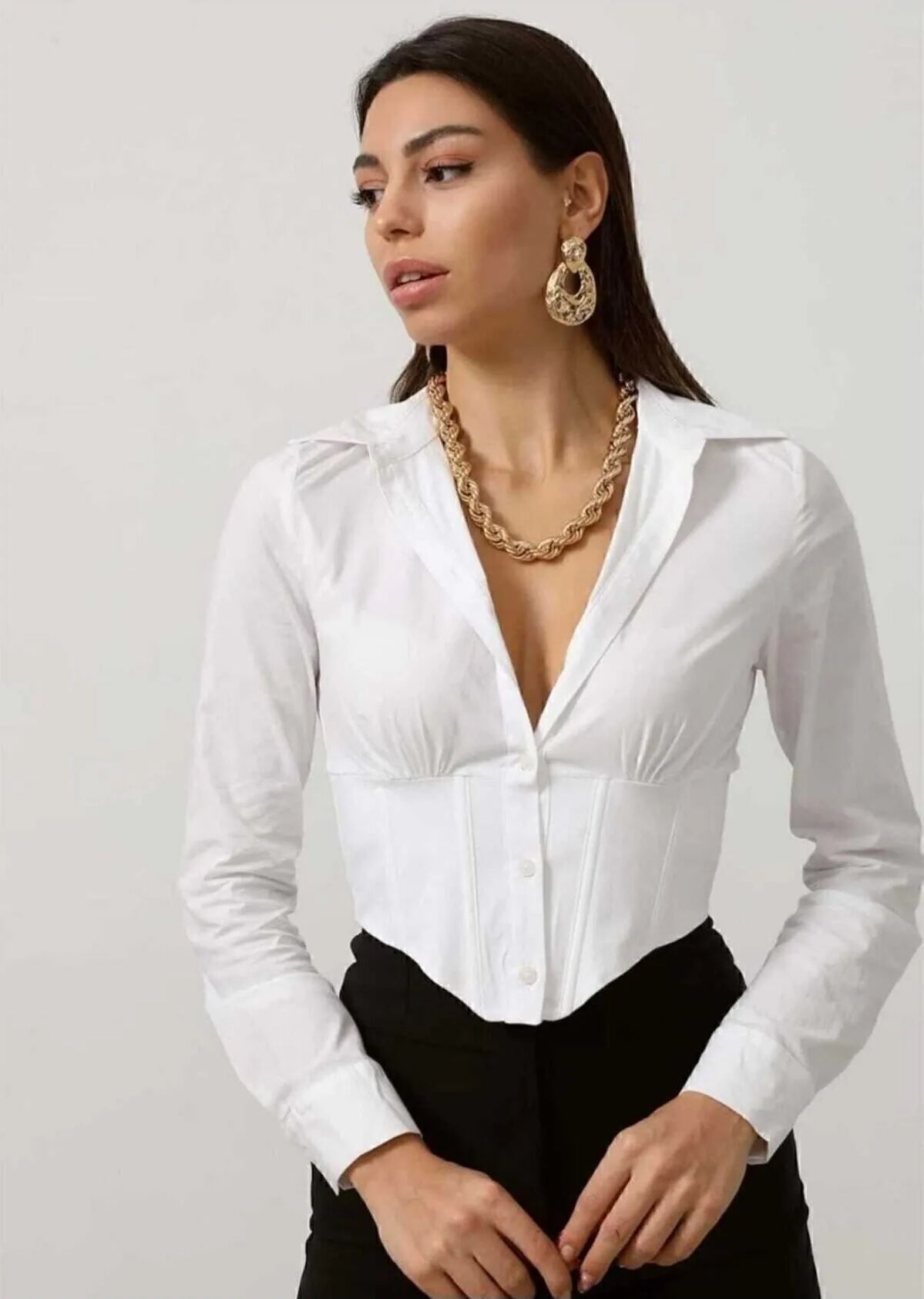 Crop Gömlek Slim Fit Dar Kesim Beli Lastikli Beyaz