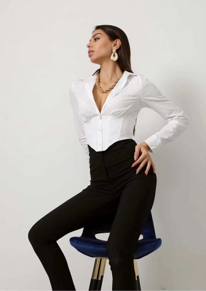 Crop Gömlek Slim Fit Dar Kesim Beli Lastikli Beyaz