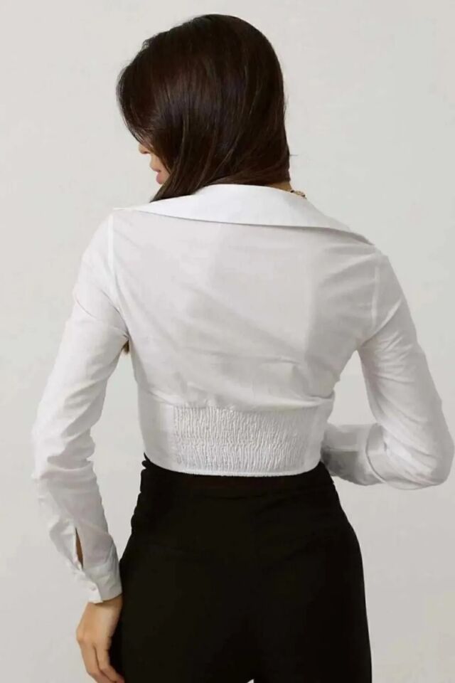 Crop Gömlek Slim Fit Dar Kesim Beli Lastikli Beyaz