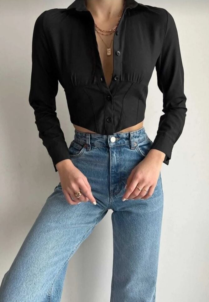 Crop Gömlek Slim Fit Dar Kesim Beli Lastikli Siyah