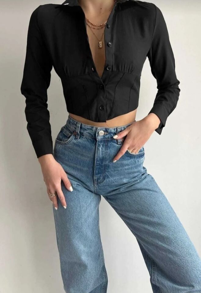 Crop Gömlek Slim Fit Dar Kesim Beli Lastikli Siyah