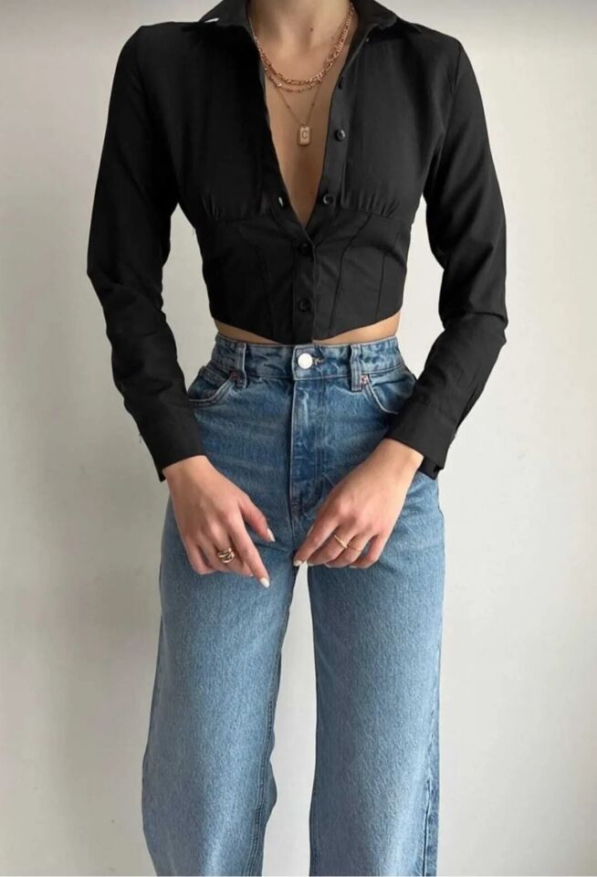 Crop Gömlek Slim Fit Dar Kesim Beli Lastikli Siyah