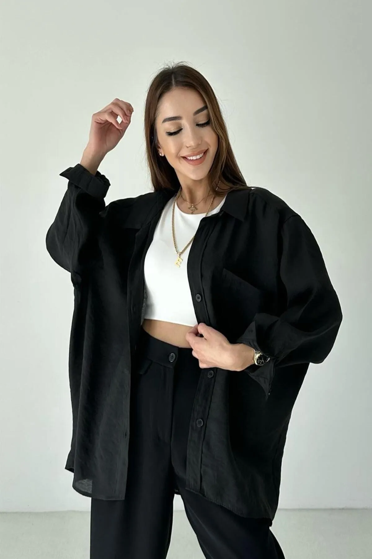 Vual Kumaş Düşük Omuz Oversize Gömlek Siyah