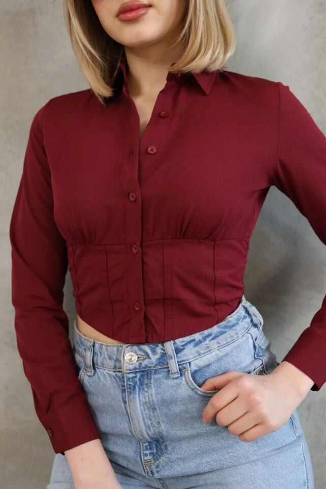 Crop Gömlek Slim Fit Dar Kesim Beli Lastikli Bordo