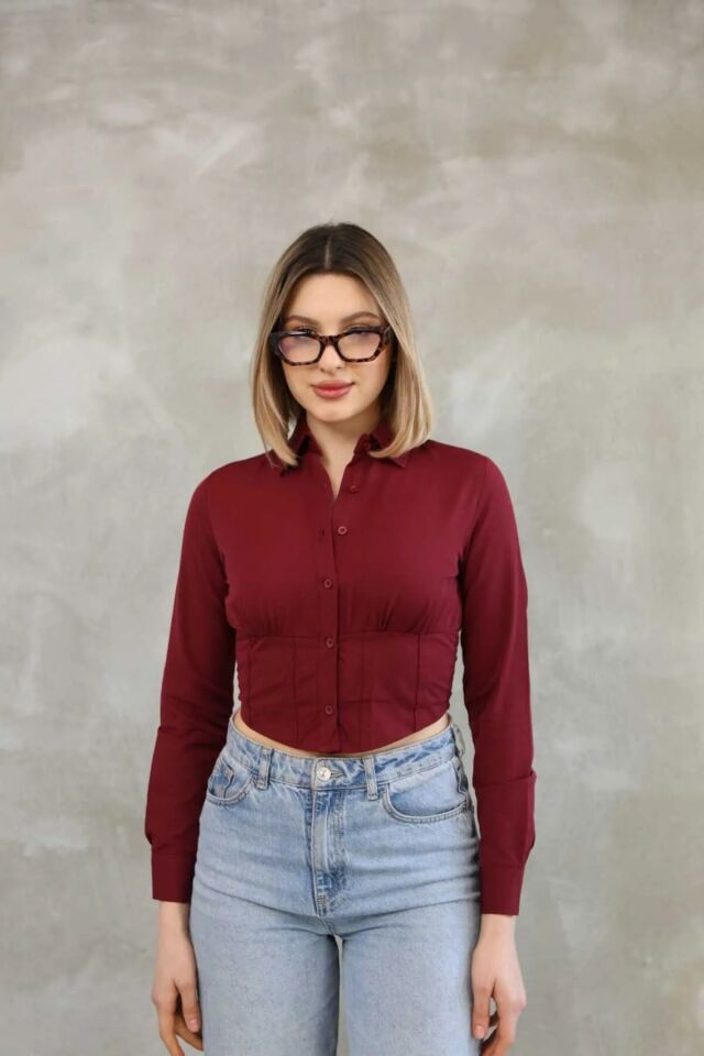 Crop Gömlek Slim Fit Dar Kesim Beli Lastikli Bordo