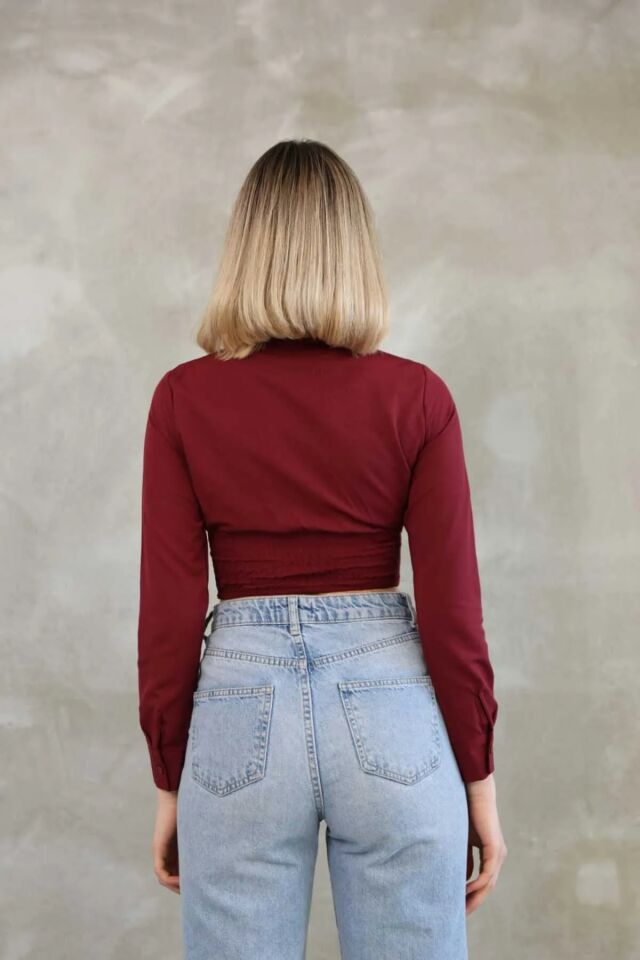 Crop Gömlek Slim Fit Dar Kesim Beli Lastikli Bordo