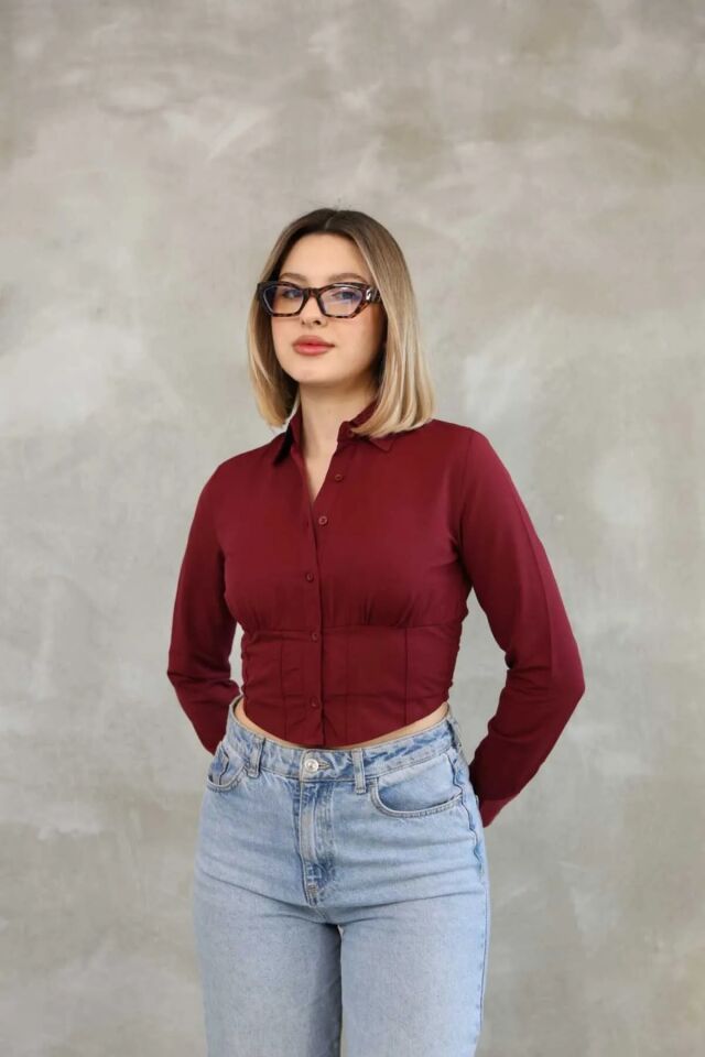 Crop Gömlek Slim Fit Dar Kesim Beli Lastikli Bordo