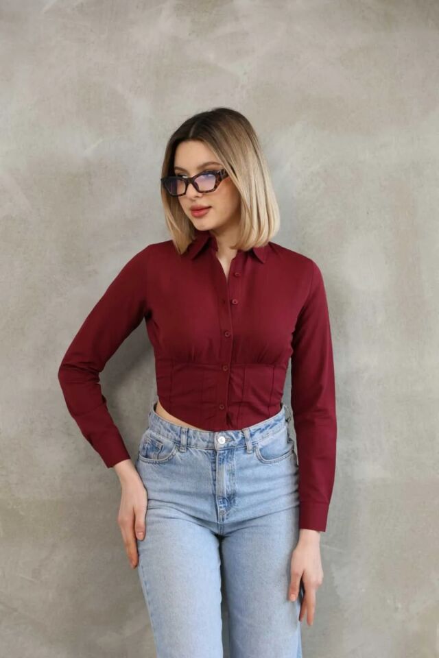 Crop Gömlek Slim Fit Dar Kesim Beli Lastikli Bordo
