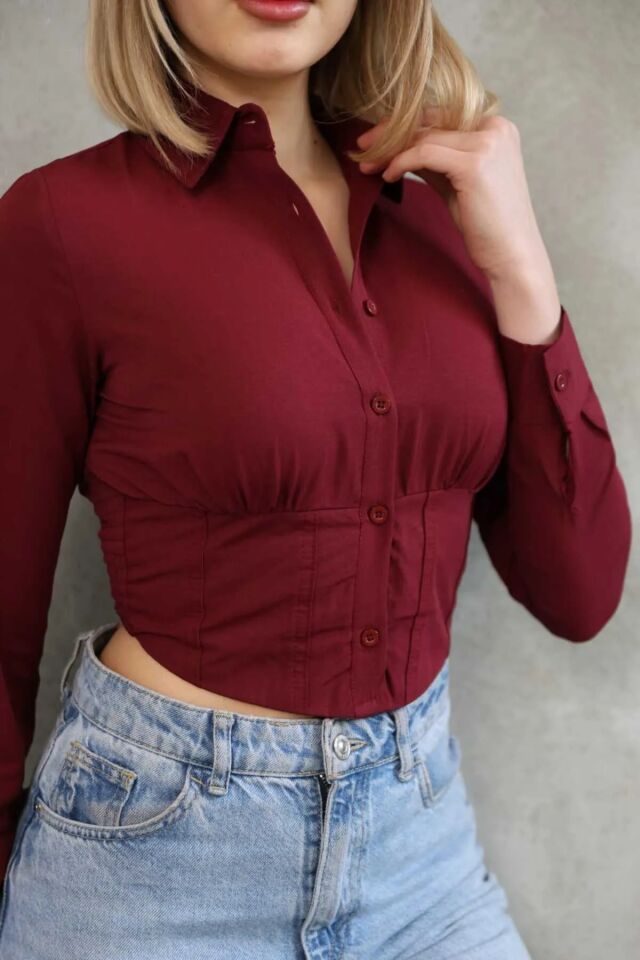 Crop Gömlek Slim Fit Dar Kesim Beli Lastikli Bordo