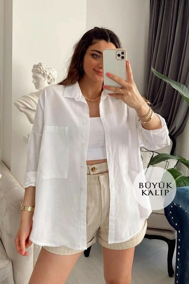 Ekru Beyazı Büyük Cepli Oversize Kalıp Trend Keten Gömlek