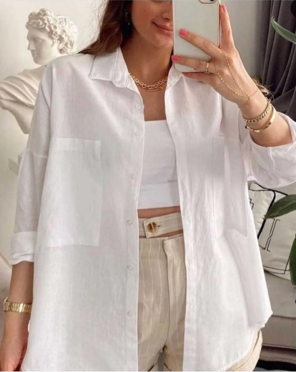 Beyaz Büyük Cepli Oversize Kalıp Trend Keten Gömlek