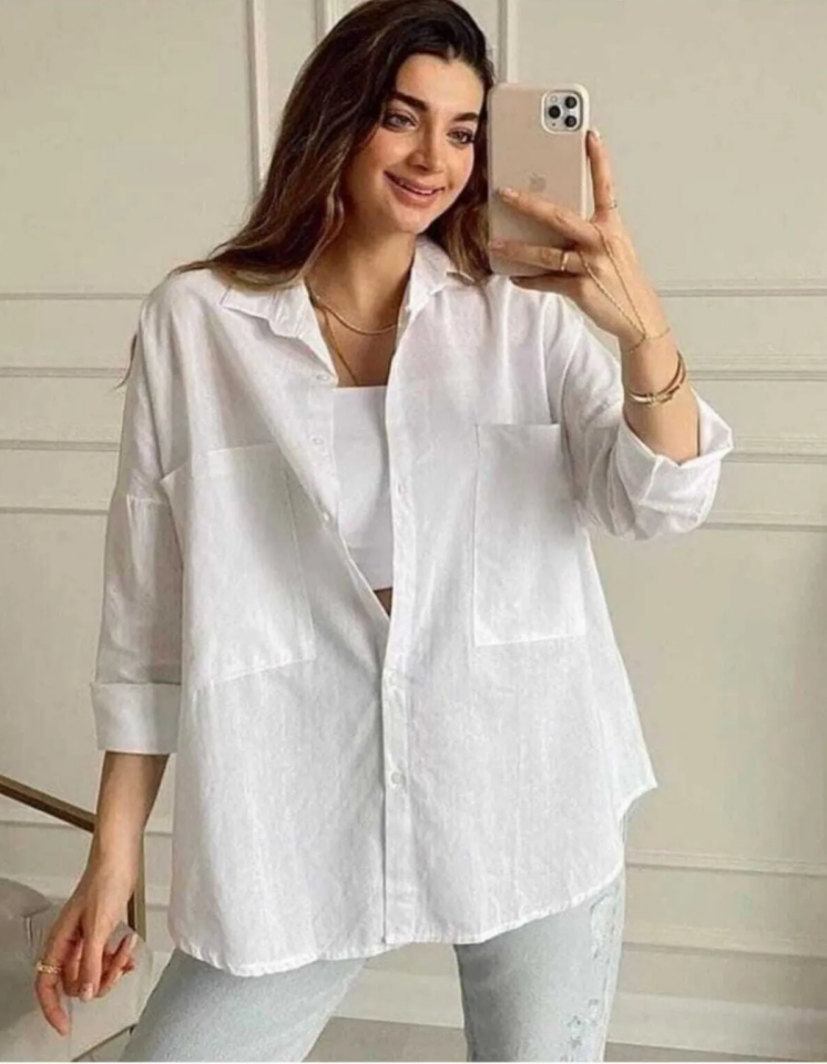 Beyaz Büyük Cepli Oversize Kalıp Trend Keten Gömlek