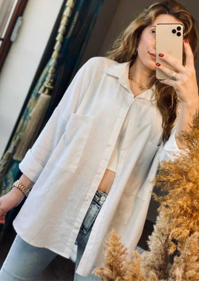 Beyaz Büyük Cepli Oversize Kalıp Trend Keten Gömlek