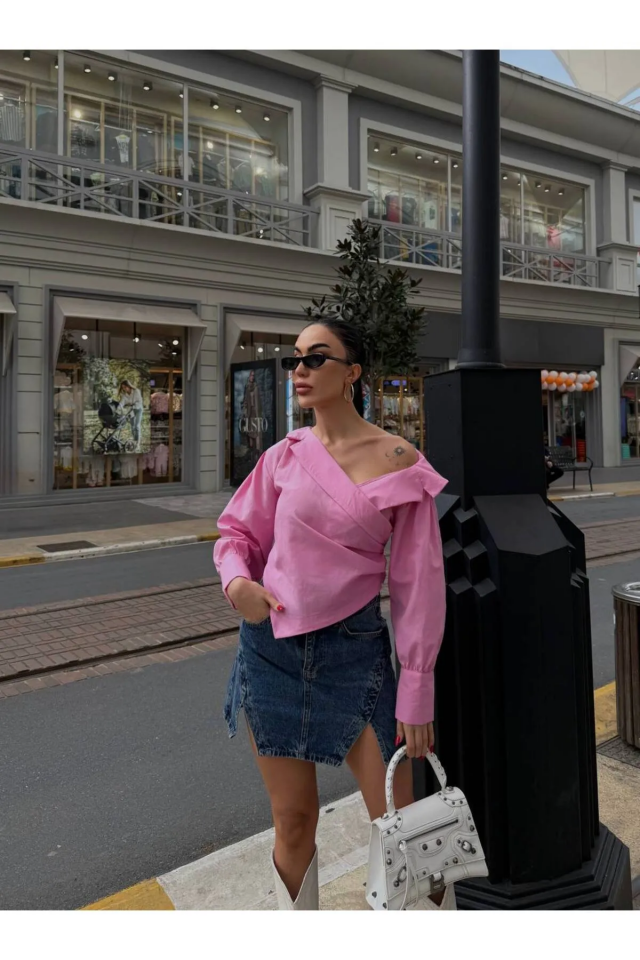 Açık Omuz Drapeli Gömlek Pembe