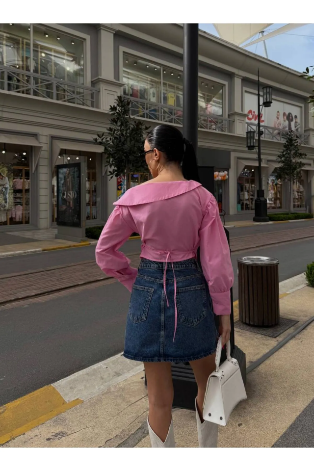 Açık Omuz Drapeli Gömlek Pembe