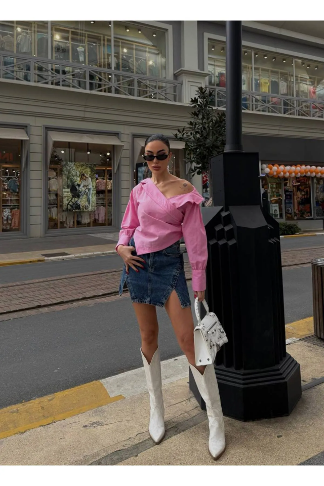 Açık Omuz Drapeli Gömlek Pembe