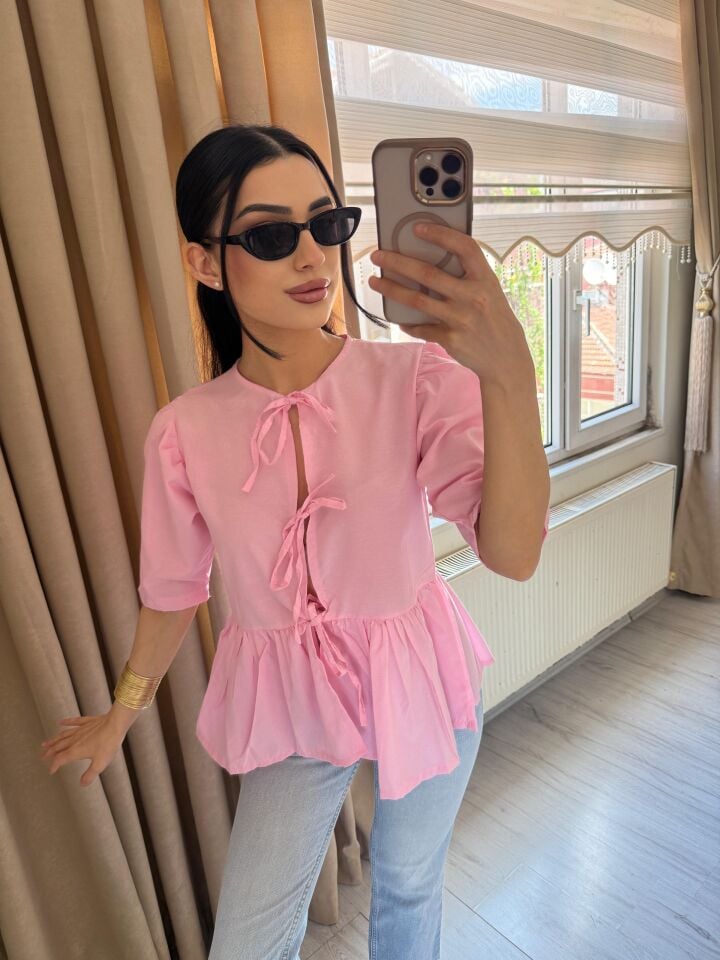 Yeni Sezon Önü Bağlamalı Poplin Kumaş Bluz