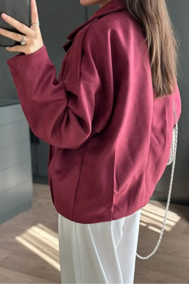 Kadın Oversize Süet Görünümlü Fermuarlı Bordo Ceket – Sonbahar Kış Kombinleri İçin Trend Parça