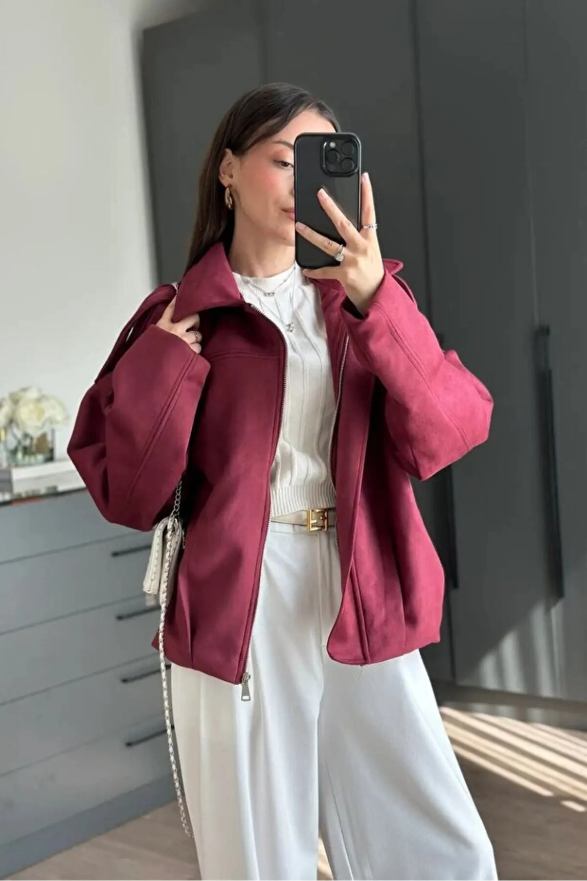 Kadın Oversize Süet Görünümlü Fermuarlı Bordo Ceket – Sonbahar Kış Kombinleri İçin Trend Parça