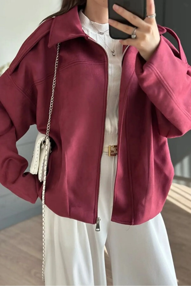 Kadın Oversize Süet Görünümlü Fermuarlı Bordo Ceket – Sonbahar Kış Kombinleri İçin Trend Parça