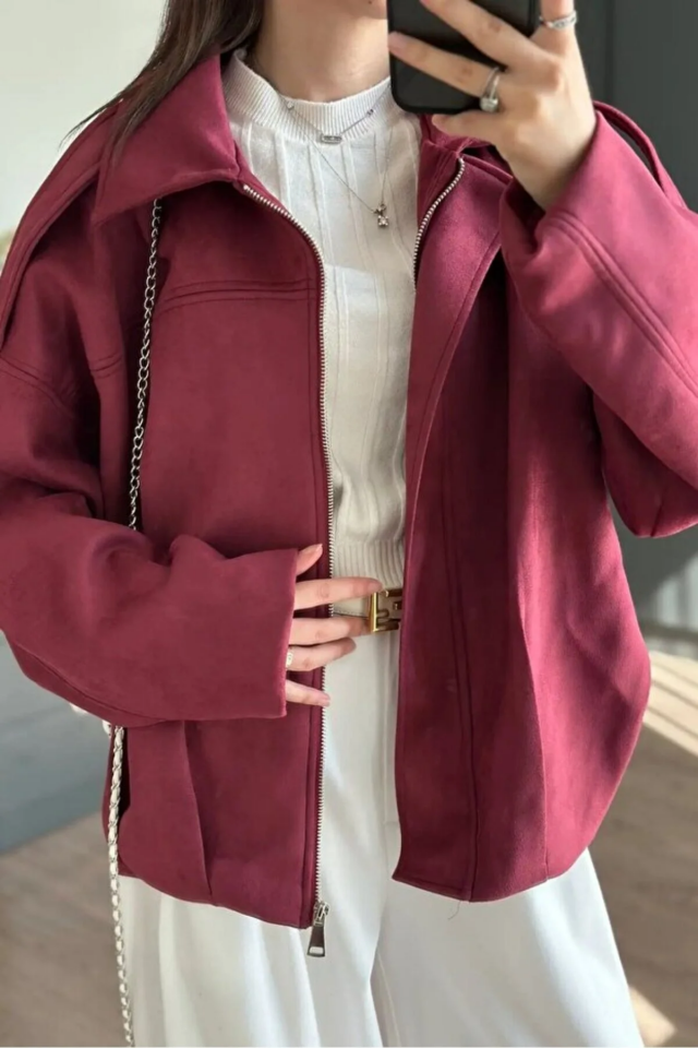 Kadın Oversize Süet Görünümlü Fermuarlı Bordo Ceket – Sonbahar Kış Kombinleri İçin Trend Parça