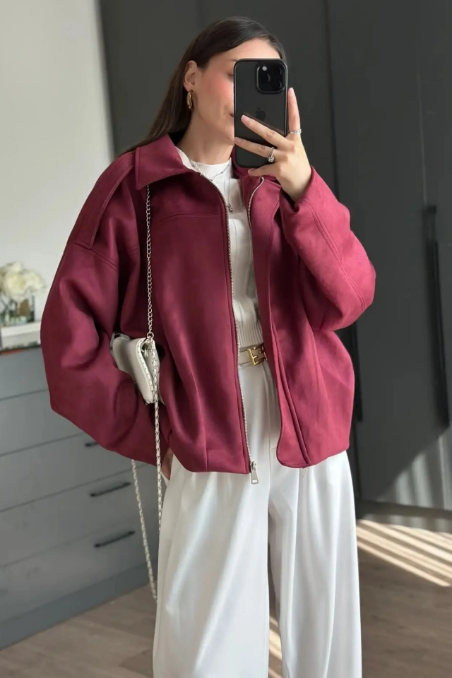 Kadın Oversize Süet Görünümlü Fermuarlı Bordo Ceket – Sonbahar Kış Kombinleri İçin Trend Parça