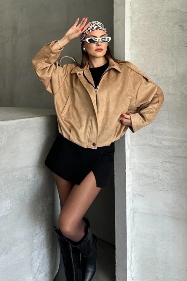 Kadın Oversize Süet Görünümlü Fermuarlı Kum Beji (camel) Ceket – Sonbahar Kış Kombinleri İçin Trend Parça