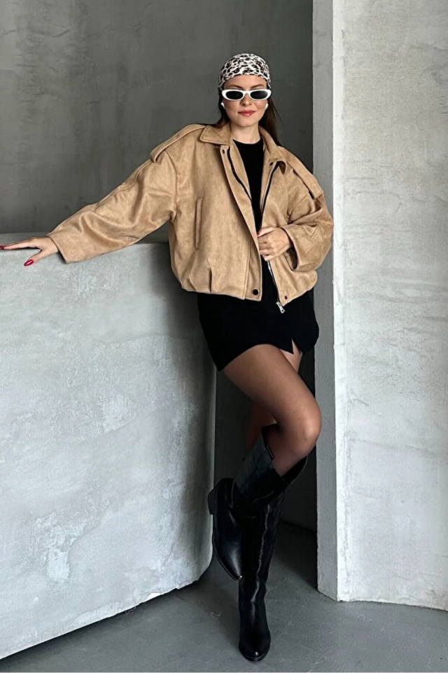 Kadın Oversize Süet Görünümlü Fermuarlı Kum Beji (camel) Ceket – Sonbahar Kış Kombinleri İçin Trend Parça