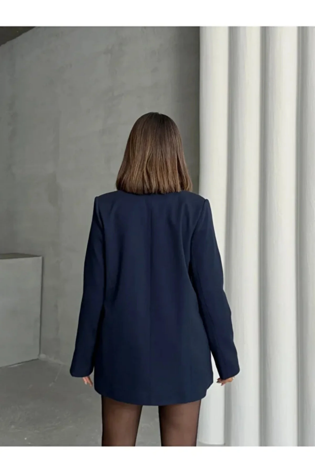 Kadın Oversize Poliviskon Premium Kumaş Astarlı  Lacivert Blazer Ceket – Modern ve Şık Tasarım