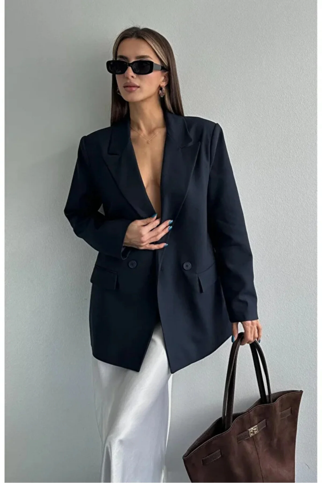 Kadın Oversize Poliviskon Premium Kumaş Astarlı  Siyah Blazer Ceket – Modern ve Şık Tasarım