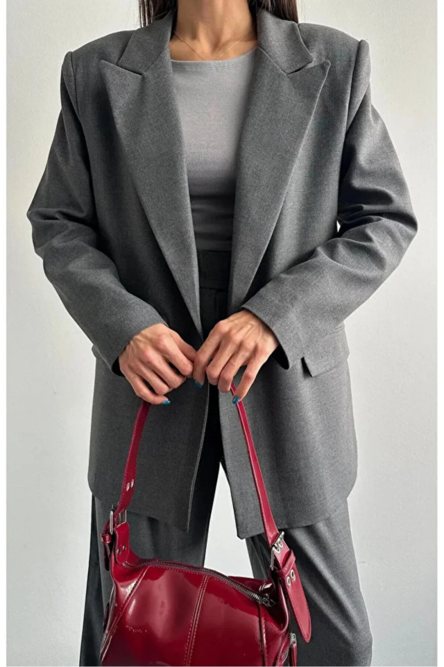 Kadın Oversize Poliviskon Premium Kumaş Astarlı Antrasik Blazer Ceket – Modern ve Şık Tasarım
