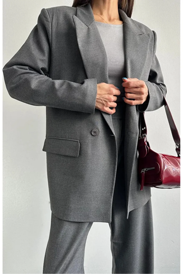 Kadın Oversize Poliviskon Premium Kumaş Astarlı Antrasik Blazer Ceket – Modern ve Şık Tasarım