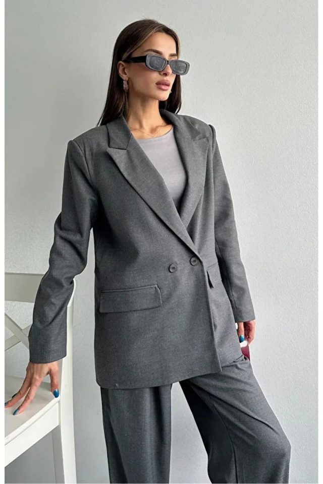 Kadın Oversize Poliviskon Premium Kumaş Astarlı Antrasik Blazer Ceket – Modern ve Şık Tasarım