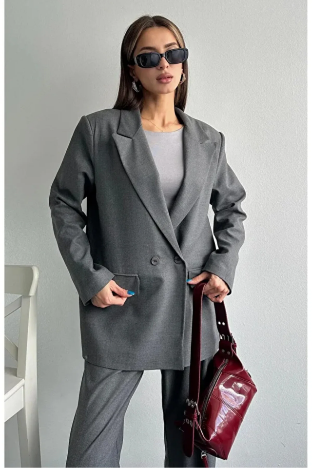 Kadın Oversize Poliviskon Premium Kumaş Astarlı Antrasik Blazer Ceket – Modern ve Şık Tasarım