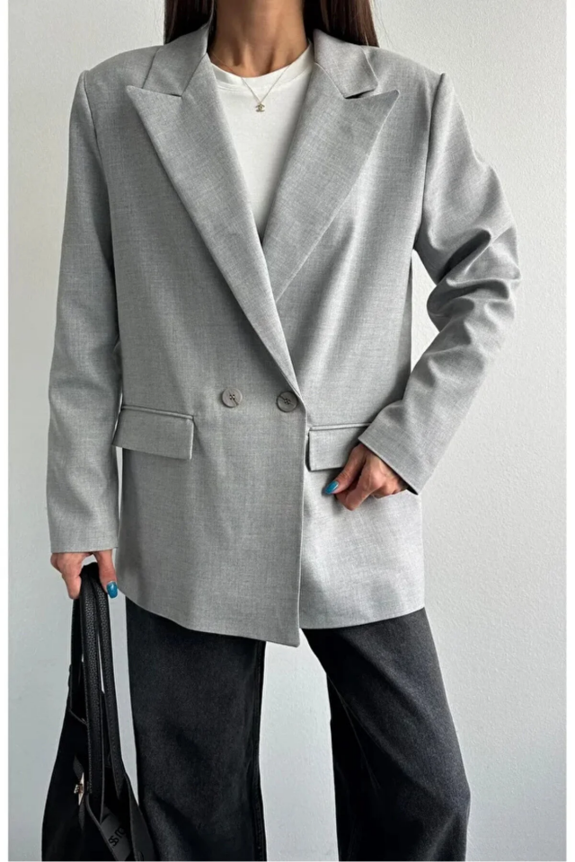 Kadın Oversize Poliviskon Premium Kumaş Astarlı  Gri Blazer Ceket  – Modern ve Şık Tasarım