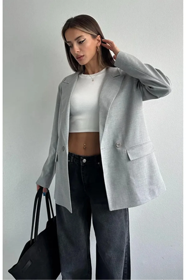 Kadın Oversize Poliviskon Premium Kumaş Astarlı  Gri Blazer Ceket  – Modern ve Şık Tasarım