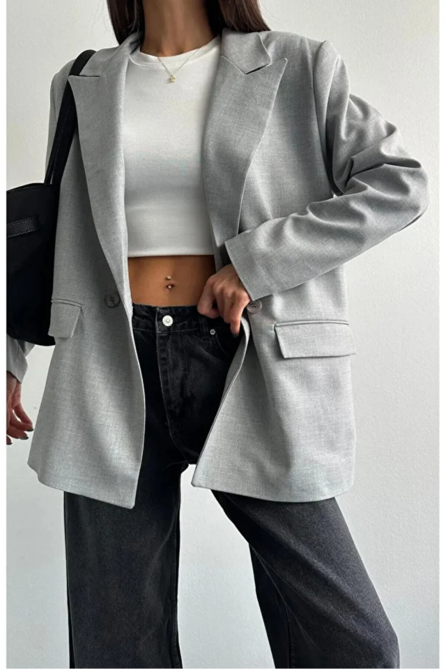 Kadın Oversize Poliviskon Premium Kumaş Astarlı  Gri Blazer Ceket  – Modern ve Şık Tasarım