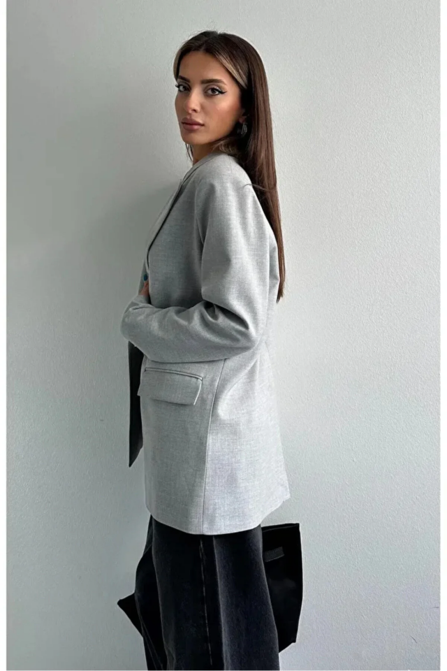Kadın Oversize Poliviskon Premium Kumaş Astarlı  Gri Blazer Ceket  – Modern ve Şık Tasarım