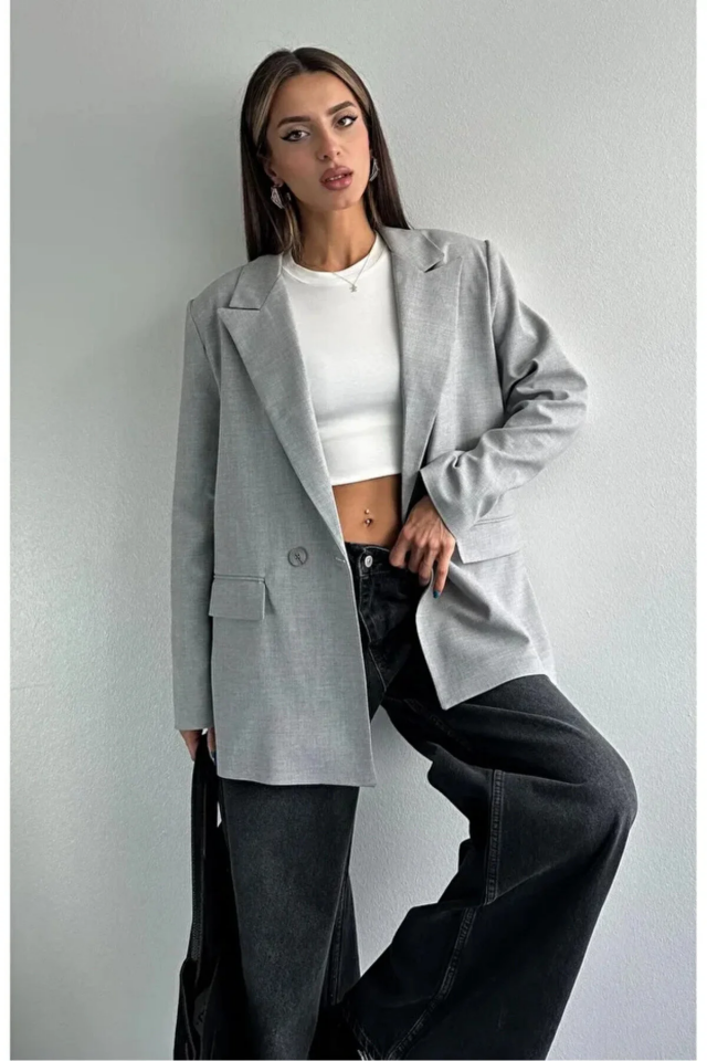 Kadın Oversize Poliviskon Premium Kumaş Astarlı  Gri Blazer Ceket  – Modern ve Şık Tasarım