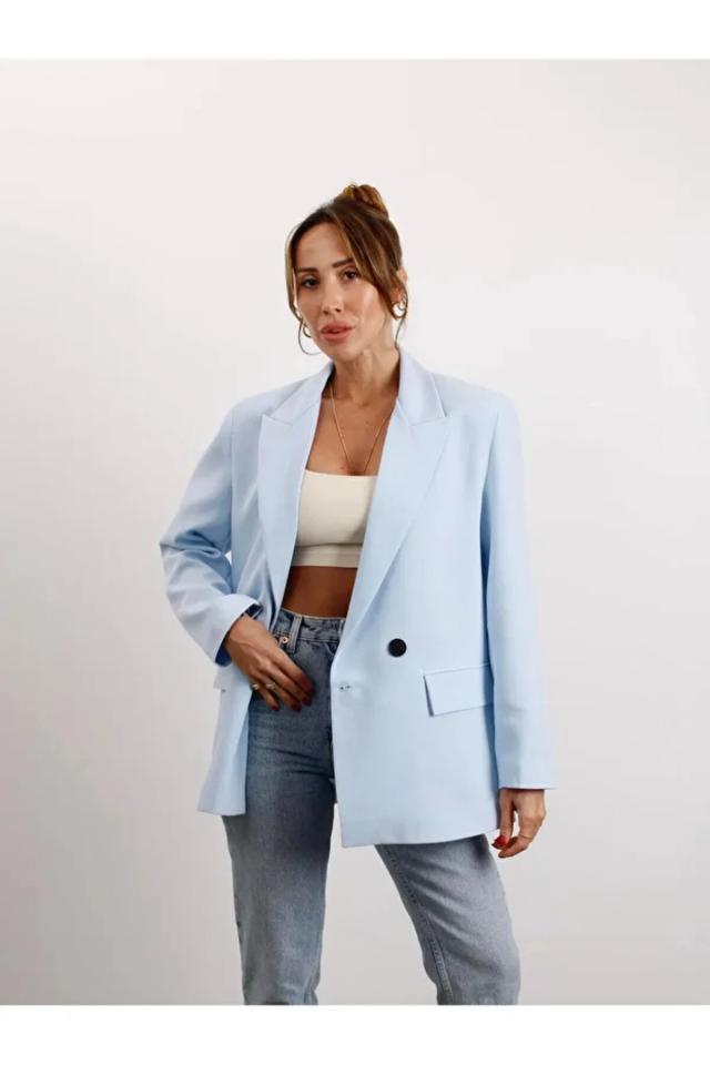 Kadın Oversize Poliviskon Premium Kumaş Astarlı  Bebe Mavisi Blazer Ceket – Modern ve Şık Tasarım