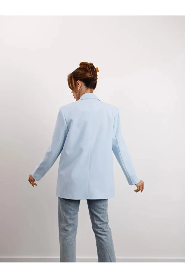Kadın Oversize Poliviskon Premium Kumaş Astarlı  Bebe Mavisi Blazer Ceket – Modern ve Şık Tasarım