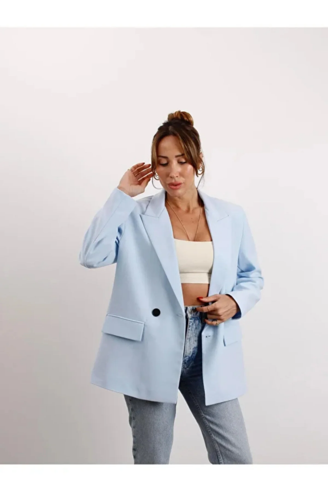 Kadın Oversize Poliviskon Premium Kumaş Astarlı  Bebe Mavisi Blazer Ceket – Modern ve Şık Tasarım
