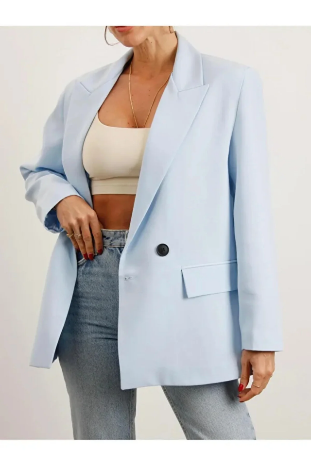 Kadın Oversize Poliviskon Premium Kumaş Astarlı  Bebe Mavisi Blazer Ceket – Modern ve Şık Tasarım